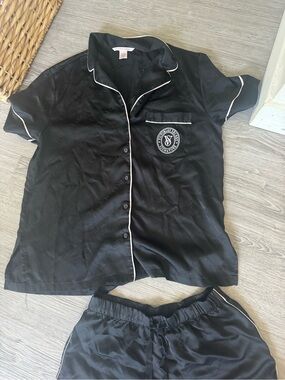 Victoria's Secret Black Satin Short Sleeve Pajama Set with White Piping